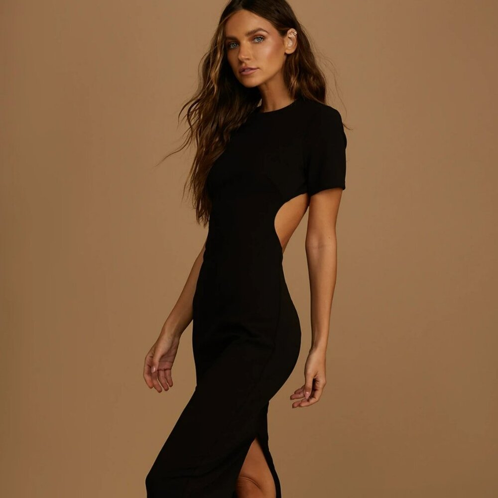 Lulus Art of Style Black Open Back Midi Dress – Sleek Cutout, Size Small  -- NWT